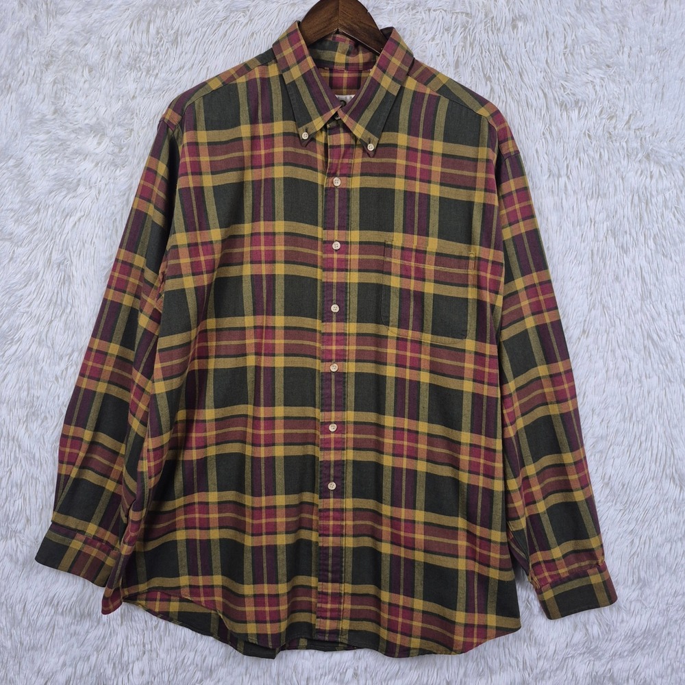 Vtg Viyella Mens XL Plaid Button Down Shirt Cotton Wool Blend Yellow Red USA